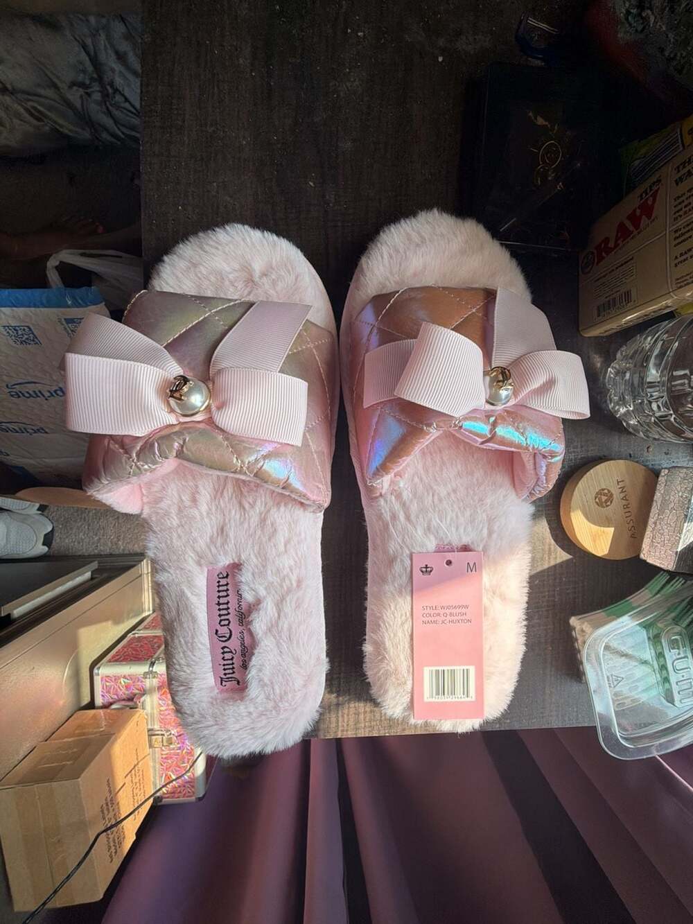 Juicy Couture JC-Huxton Faux Fur Quilted Bow Slide Slippers in Blush